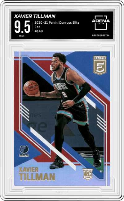 Xavier Tillman from the 2020-21 Panini Donruss Elite Basketball set featuring a Red parallel graded by Arena Club and given an overall grade of 9.5.