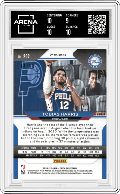 Tobias Harris from the 2020-21 Panini Prizm set featuring a Orange Wave Prizm parallel graded by Arena Club and given an overall grade of 9.5.