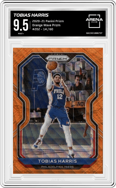 Tobias Harris from the 2020-21 Panini Prizm set featuring a Orange Wave Prizm parallel graded by Arena Club and given an overall grade of 9.5.