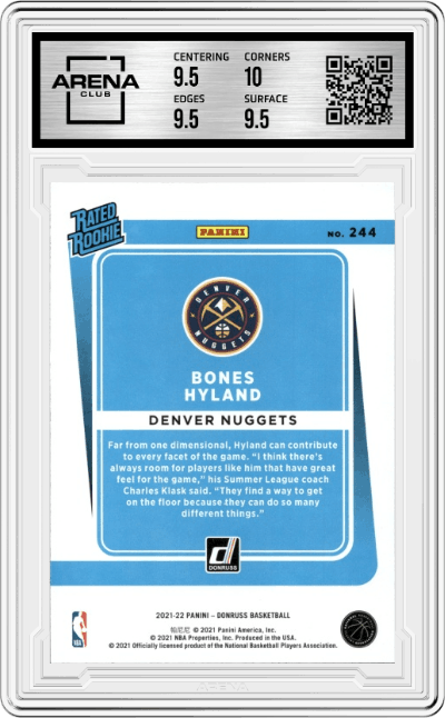 Bones Hyland from the 2021-22 Panini Donruss set graded by Arena Club and given an overall grade of 10.