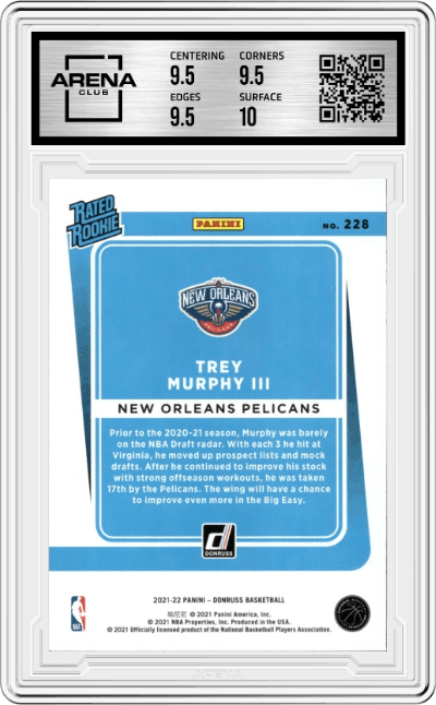 Trey Murphy III from the 2021-22 Panini Donruss set graded by Arena Club and given an overall grade of 10.