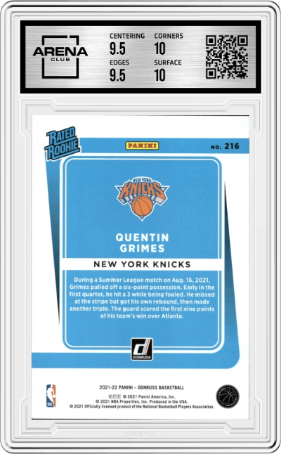 Quentin Grimes from the 2021-22 Panini Donruss set graded by Arena Club and given an overall grade of 10.