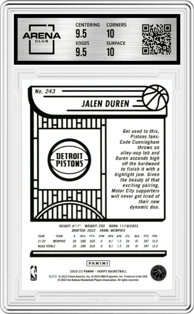 Jalen Duren from the 2022-23 Panini NBA Hoops set graded by Arena Club and given an overall grade of 10.