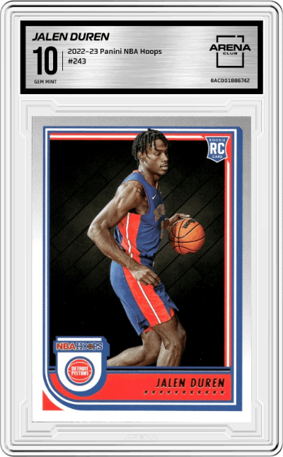 Jalen Duren from the 2022-23 Panini NBA Hoops set graded by Arena Club and given an overall grade of 10.