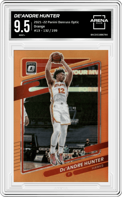 De'Andre Hunter from the 2021-22 Panini Donruss Optic set featuring a Orange parallel graded by Arena Club and given an overall grade of 9.5.