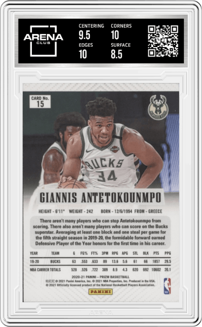 Giannis Antetokounmpo from the 2020-21 Panini Prizm set graded by Arena Club and given an overall grade of 9.