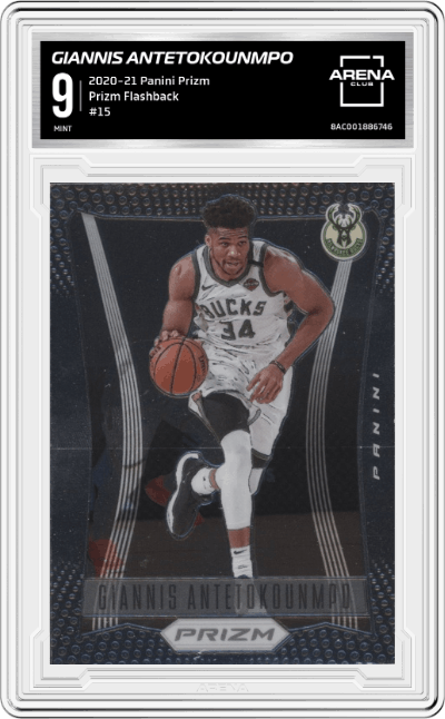 Giannis Antetokounmpo from the 2020-21 Panini Prizm set graded by Arena Club and given an overall grade of 9.