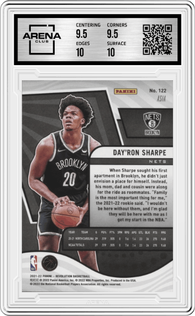 Day'Ron Sharpe from the 2021-22 Panini Revolution  set featuring a Asia parallel graded by Arena Club and given an overall grade of 10.