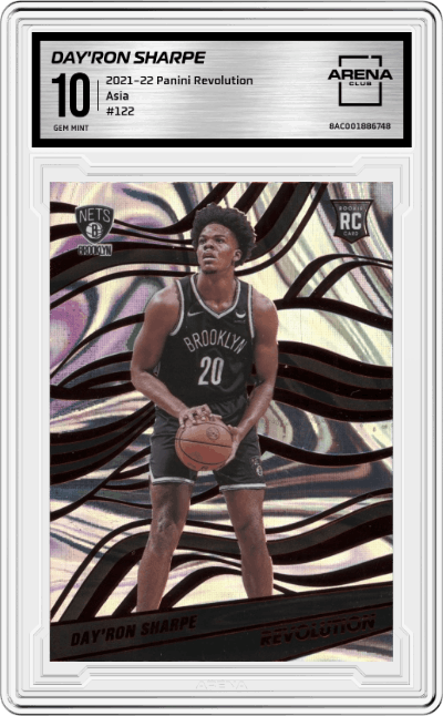 Day'Ron Sharpe from the 2021-22 Panini Revolution  set featuring a Asia parallel graded by Arena Club and given an overall grade of 10.