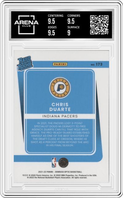 Chris Duarte from the 2021-22 Panini Donruss Optic set graded by Arena Club and given an overall grade of 9.5.
