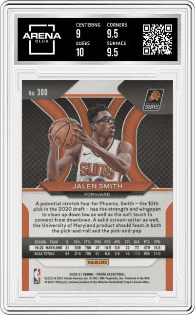Jalen Smith from the 2020-21 Panini Prizm set graded by Arena Club and given an overall grade of 9.5.