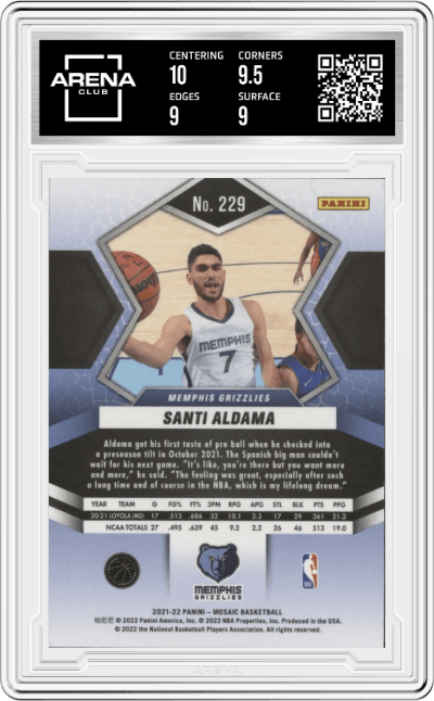 Santi Aldama from the 2021-22 Panini Mosaic  set graded by Arena Club and given an overall grade of 9.5.