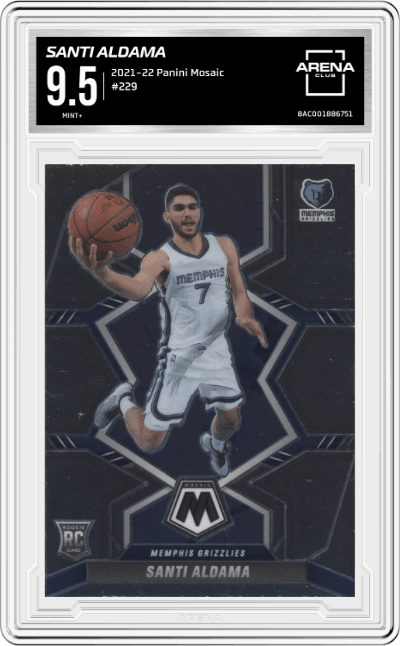 Santi Aldama from the 2021-22 Panini Mosaic  set graded by Arena Club and given an overall grade of 9.5.
