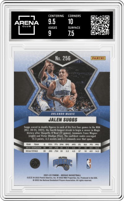 Jalen Suggs  from the 2021-22 Panini Mosaic  set graded by Arena Club and given an overall grade of 8.