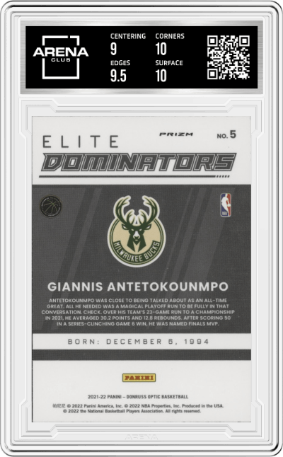 Giannis Antetokounmpo from the 2021-22 Panini Donruss Optic set featuring a Holo parallel graded by Arena Club and given an overall grade of 9.5.