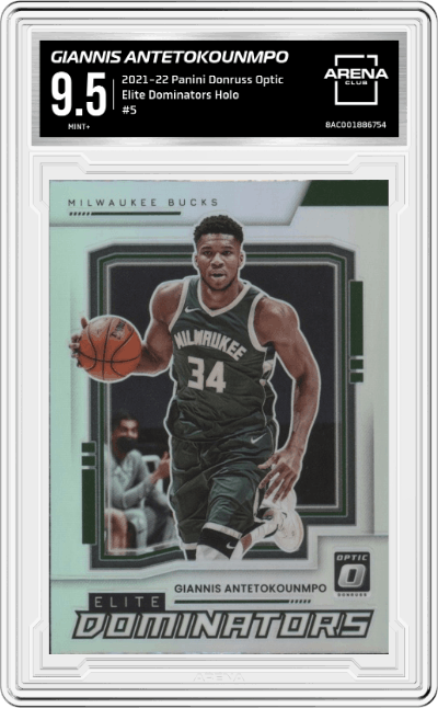 Giannis Antetokounmpo from the 2021-22 Panini Donruss Optic set featuring a Holo parallel graded by Arena Club and given an overall grade of 9.5.