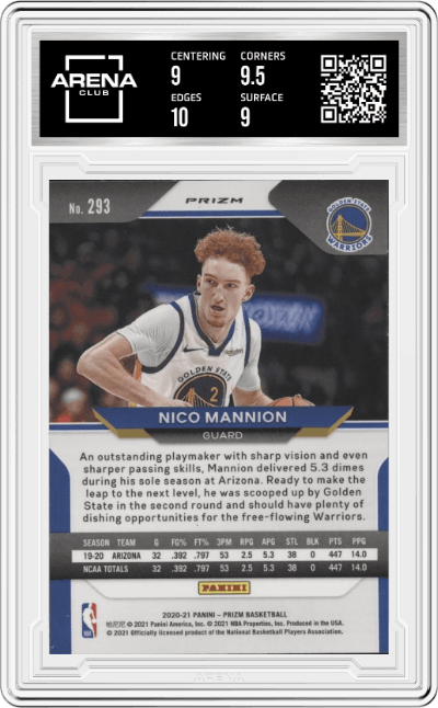 Nico Mannion from the 2020-21 Panini Prizm set featuring a Silver Prizm parallel graded by Arena Club and given an overall grade of 9.5.