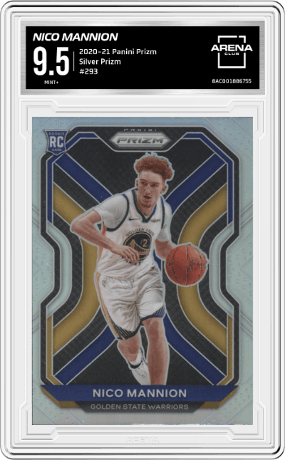 Nico Mannion from the 2020-21 Panini Prizm set featuring a Silver Prizm parallel graded by Arena Club and given an overall grade of 9.5.