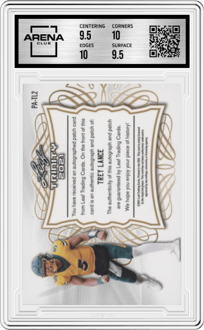 Trey Lance from the 2021 Leaf Trinity set graded by Arena Club and given an overall grade of 10.