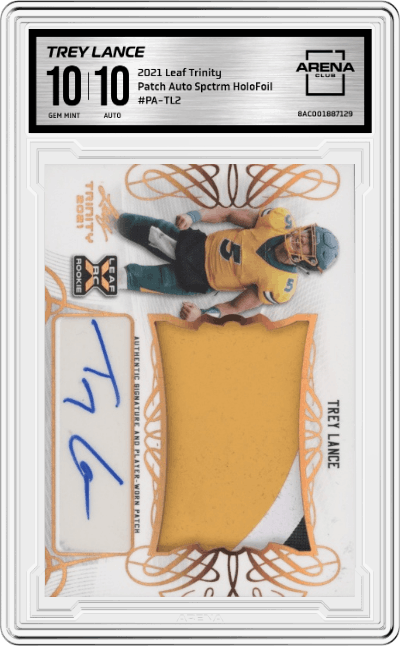 Trey Lance from the 2021 Leaf Trinity set graded by Arena Club and given an overall grade of 10.