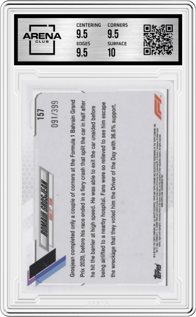 Romain Grosjean from the 2021 Topps Chrome F1  set featuring a Purple Refractor parallel graded by Arena Club and given an overall grade of 10.