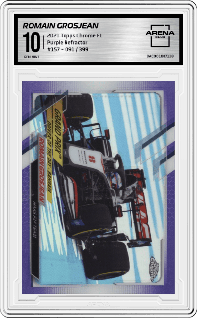 Romain Grosjean from the 2021 Topps Chrome F1  set featuring a Purple Refractor parallel graded by Arena Club and given an overall grade of 10.
