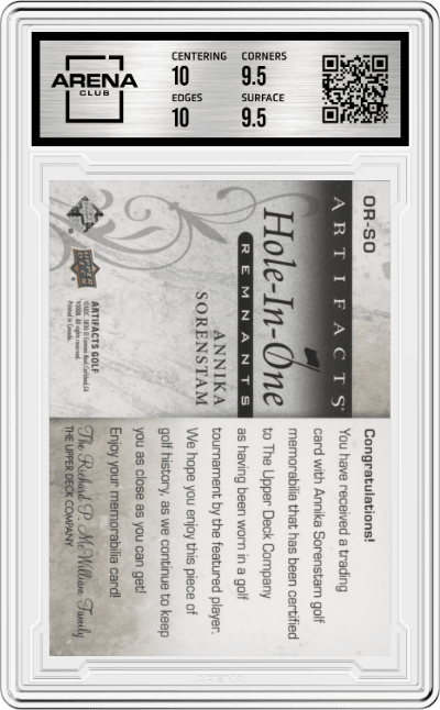 Annika Sorenstam from the 2021 Upper Deck Artifacts Golf set featuring a Group C parallel graded by Arena Club and given an overall grade of 10.