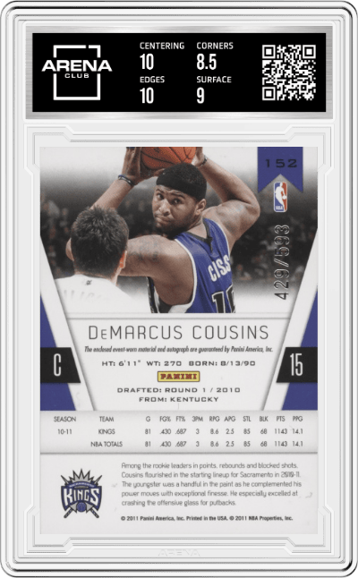 DeMarcus Cousins from the 2010-11 Panini Totally Certified set graded by Arena Club and given an overall grade of 9.