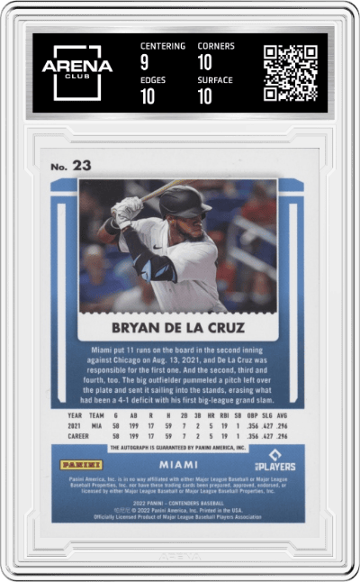 Bryan De La Cruz from the 2022 Panini Chronicles set featuring a Playoff Ticket parallel graded by Arena Club and given an overall grade of 9.5.