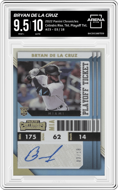 Bryan De La Cruz from the 2022 Panini Chronicles set featuring a Playoff Ticket parallel graded by Arena Club and given an overall grade of 9.5.