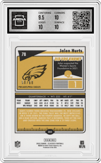 Jalen Hurts from the 2022 Panini Classics set featuring a Premium Edition Timeless Tributes Gold parallel graded by Arena Club and given an overall grade of 10.