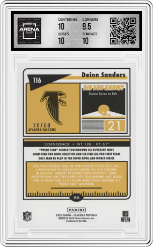 Deion Sanders from the 2022 Panini Classics set featuring a Premium Edition Timeless Tributes Gold  parallel graded by Arena Club and given an overall grade of 10.