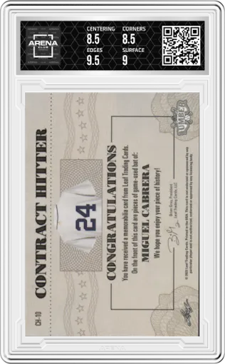 Miguel Cabrera from the 2022 Leaf Lumber set featuring a Red parallel graded by Arena Club and given an overall grade of 9.