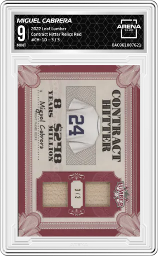 Miguel Cabrera from the 2022 Leaf Lumber set featuring a Red parallel graded by Arena Club and given an overall grade of 9.