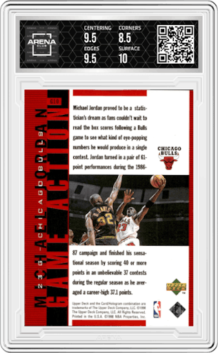 Michael Jordan from the 1998 UD Michael Jordan Living Legend set graded by Arena Club and given an overall grade of 9.