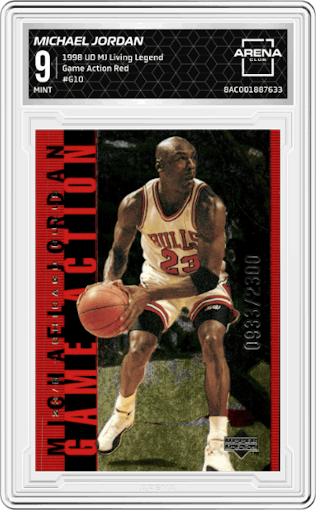 Michael Jordan from the 1998 UD Michael Jordan Living Legend set graded by Arena Club and given an overall grade of 9.