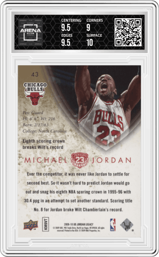Michael Jordan from the 2009-10 Upper Deck Michael Jordan Legacy Collection Hall of Fame Edition set graded by Arena Club and given an overall grade of 9.5.