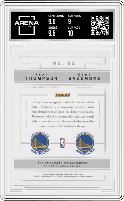 Klay Thompson/Kent Bazemore from the 2012-13 Panini National Treasures set featuring a Silver parallel graded by Arena Club and given an overall grade of 9.5.