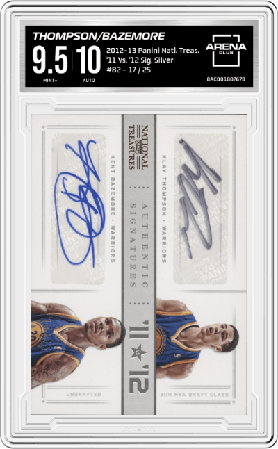 Klay Thompson/Kent Bazemore from the 2012-13 Panini National Treasures set featuring a Silver parallel graded by Arena Club and given an overall grade of 9.5.