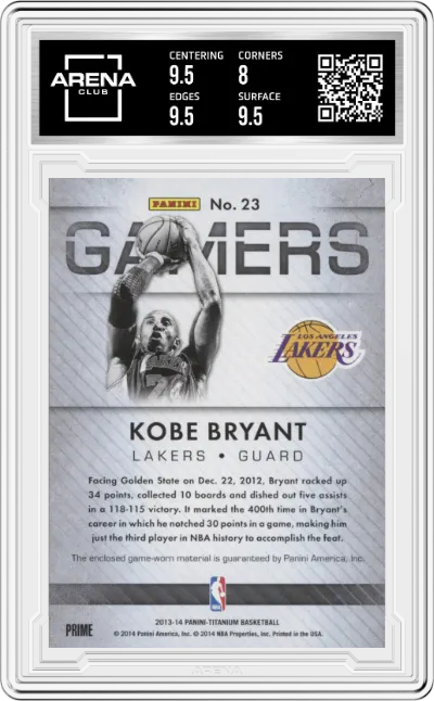 Kobe Bryant from the 2013-14 Panini Titanium set graded by Arena Club and given an overall grade of 8.5.