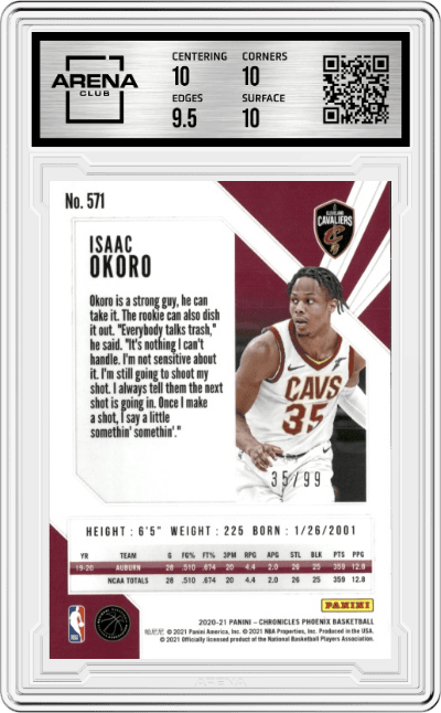 Isaac Okoro from the 2020-21 Panini Chronicles set featuring a Blue parallel graded by Arena Club and given an overall grade of 10.