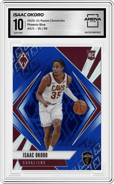 Isaac Okoro from the 2020-21 Panini Chronicles set featuring a Blue parallel graded by Arena Club and given an overall grade of 10.
