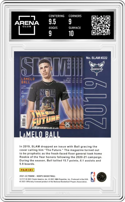 LaMelo Ball from the 2021-22 Panini NBA Hoops set featuring a Winter Holo parallel graded by Arena Club and given an overall grade of 9.5.