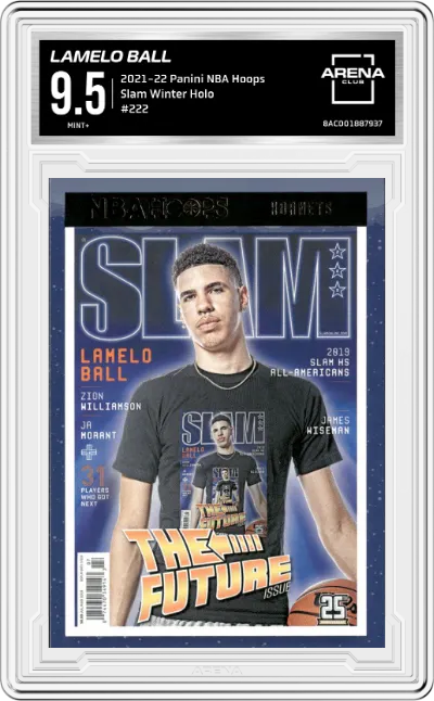 LaMelo Ball from the 2021-22 Panini NBA Hoops set featuring a Winter Holo parallel graded by Arena Club and given an overall grade of 9.5.