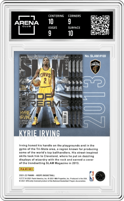 Kyrie Irving from the 2021-22 Panini NBA Hoops set featuring a Holo parallel graded by Arena Club and given an overall grade of 9.5.