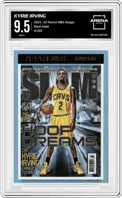 Kyrie Irving from the 2021-22 Panini NBA Hoops set featuring a Holo parallel graded by Arena Club and given an overall grade of 9.5.