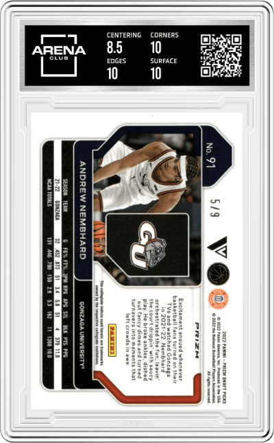 Andrew Nembhard from the 2022-23 Panini Prizm Draft Picks set featuring a Red Shimmer Prizm parallel graded by Arena Club and given an overall grade of 9.