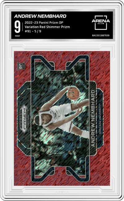 Andrew Nembhard from the 2022-23 Panini Prizm Draft Picks set featuring a Red Shimmer Prizm parallel graded by Arena Club and given an overall grade of 9.
