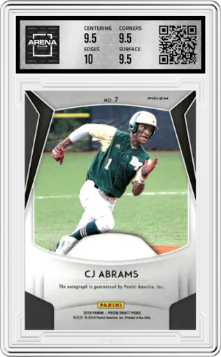CJ Abrams from the 2019 Panini Prizm Draft Picks set featuring a Green Prizm parallel graded by Arena Club and given an overall grade of 10.