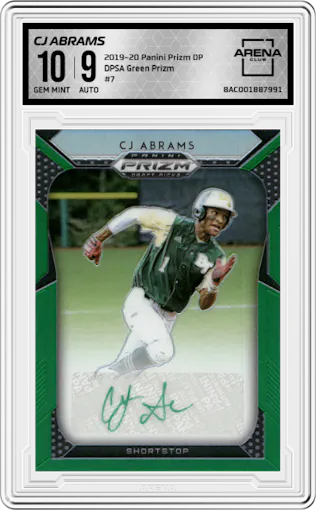 CJ Abrams from the 2019 Panini Prizm Draft Picks set featuring a Green Prizm parallel graded by Arena Club and given an overall grade of 10.